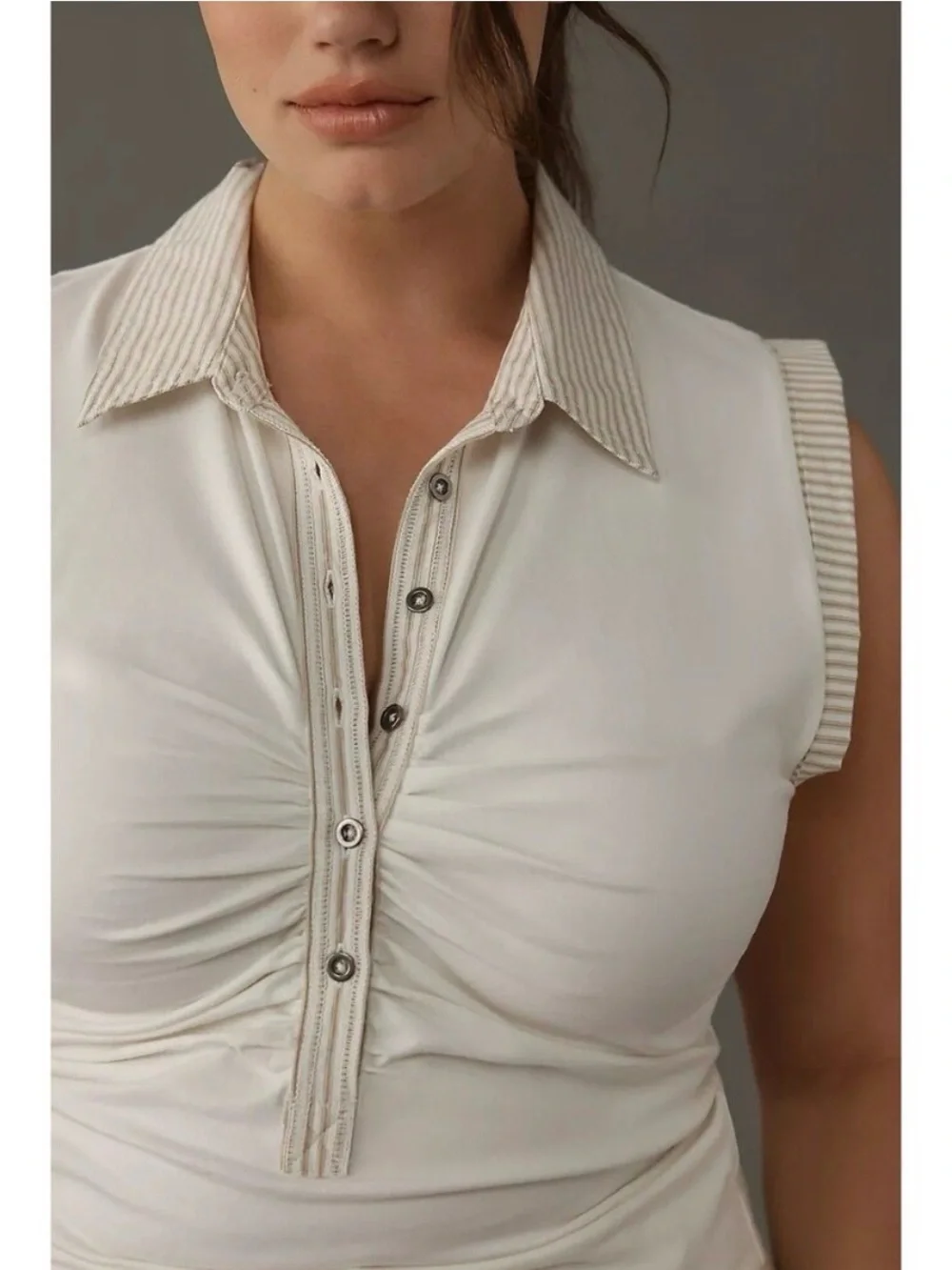 Anthropologie Pilcro Varsity Polo Tank Top Ruched Striped Sleeveless XS 280269 - Picture 4 of 14